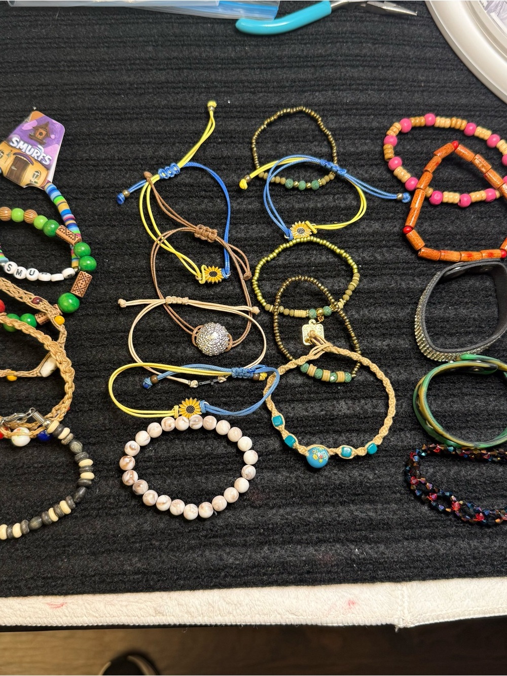 Handmade Mixed Bead and Cord Women's Bracelet Set in Blue, Yellow, Green
